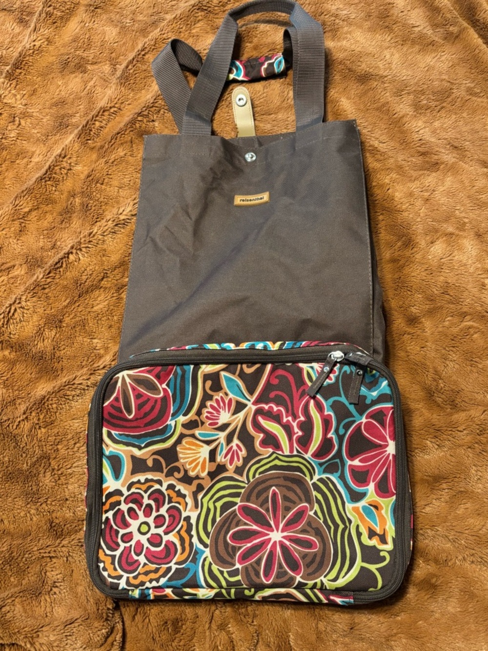 Brown Patterned Bag with Collapsible Wheels, Snap Closure